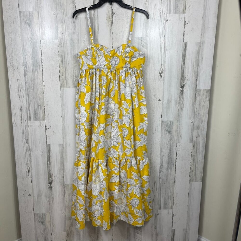Zara floral cotton poplin sundress NWT yellow white size M tiered maxi event